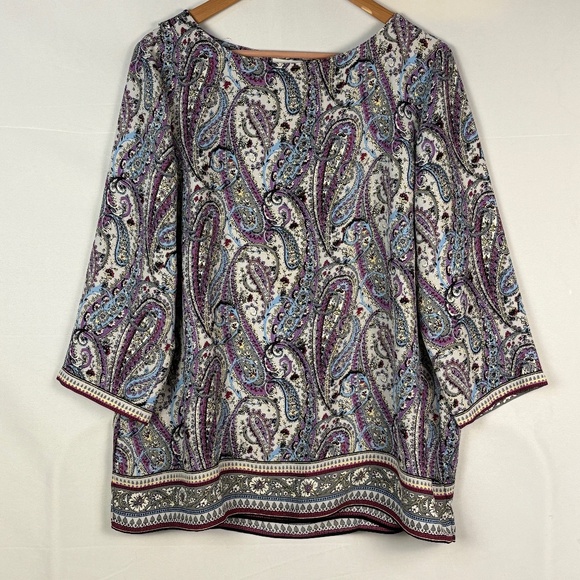 J. Jill Tops - J. Jill Women 3/4 Sleeve Tunic Blouse Sz L Paisley Purple Office Mature Business